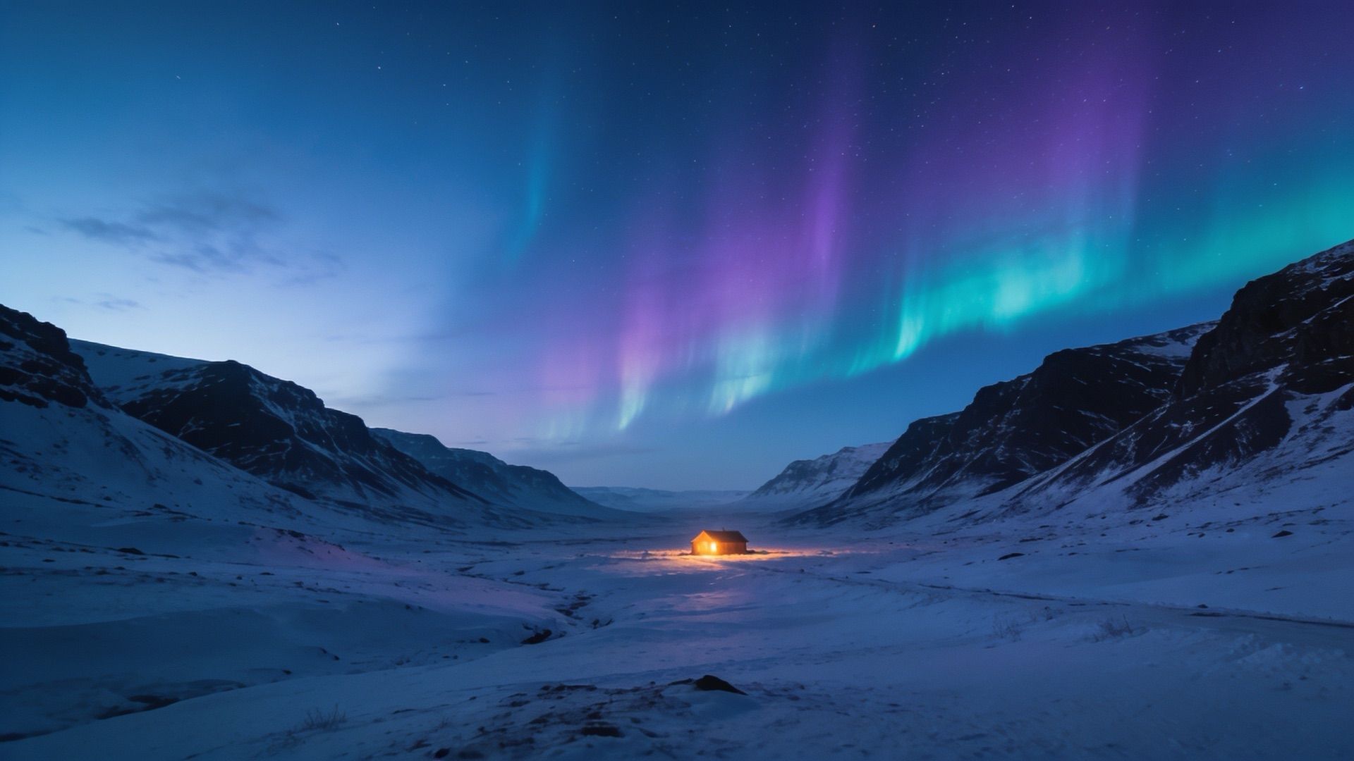 A small lit cabin in a snowy valley under violet and teal northern lights