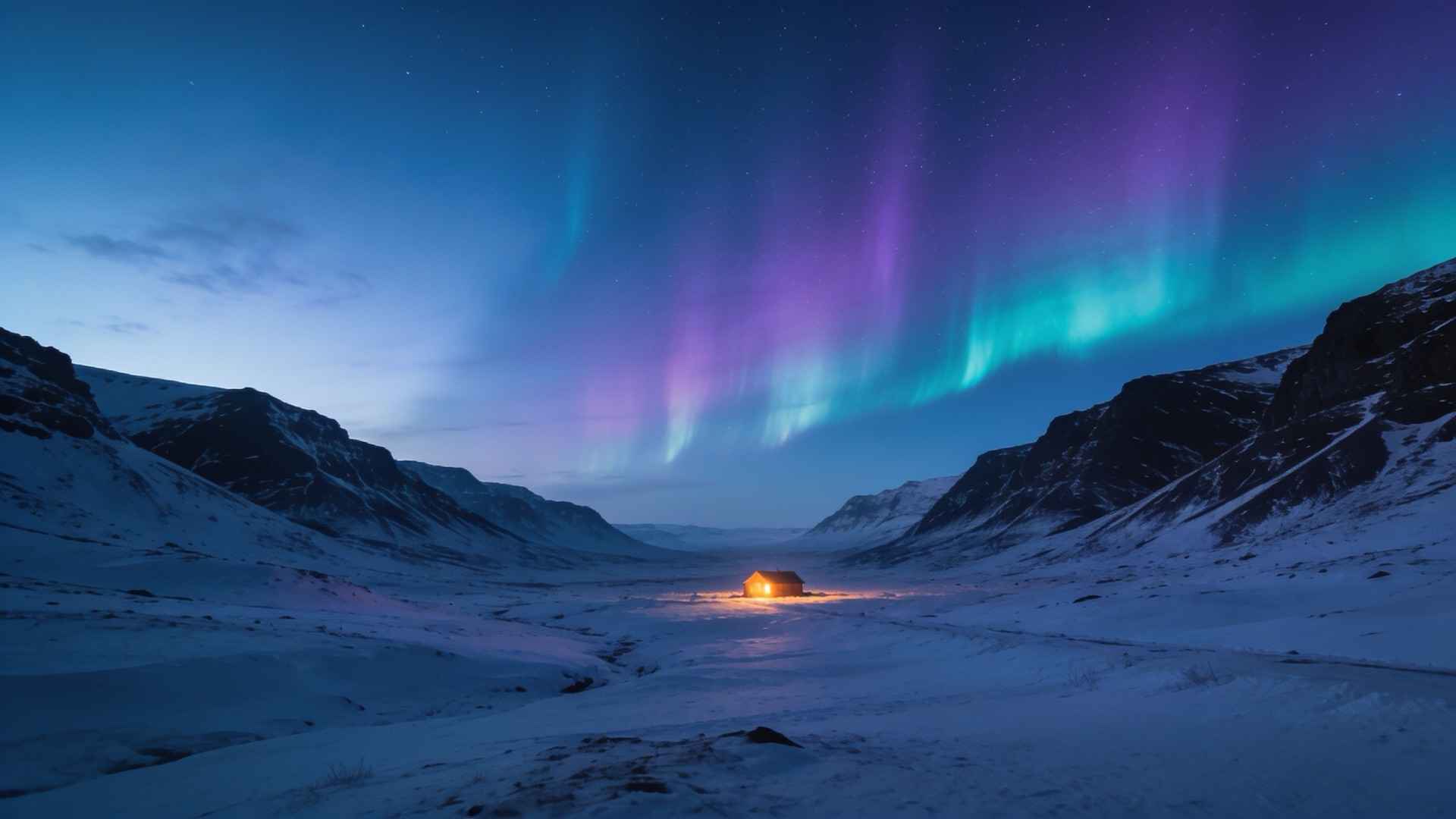 A small lit cabin in a snowy valley under violet and teal northern lights