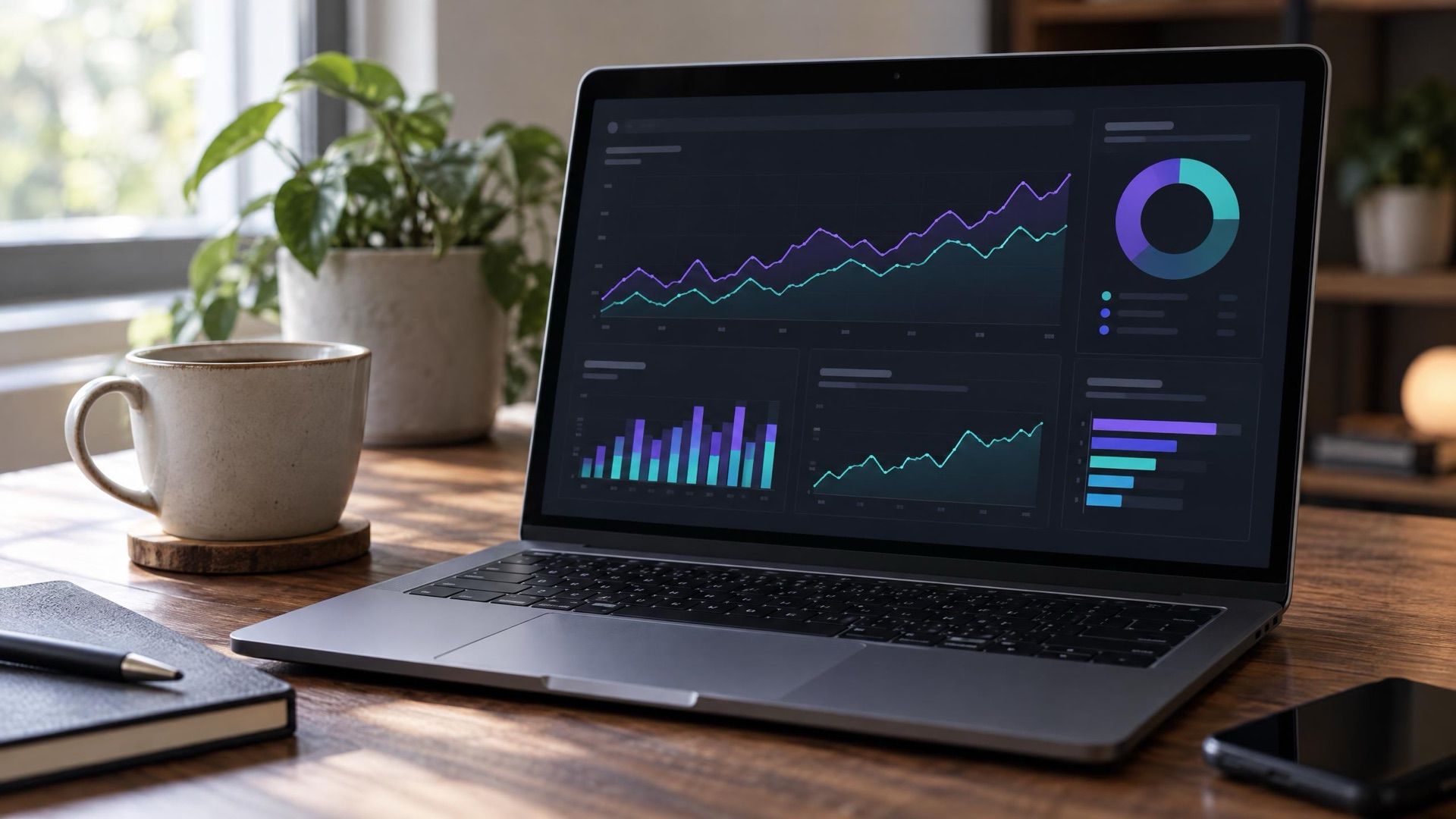 A laptop on a walnut desk showing violet and teal charts