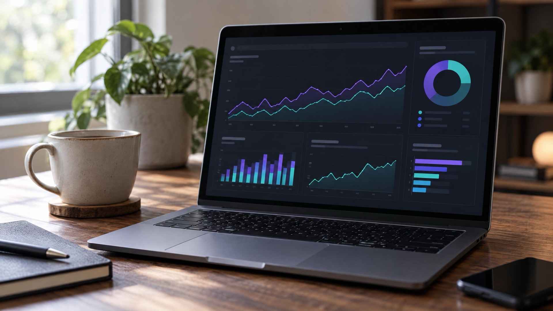 A laptop on a walnut desk showing violet and teal charts