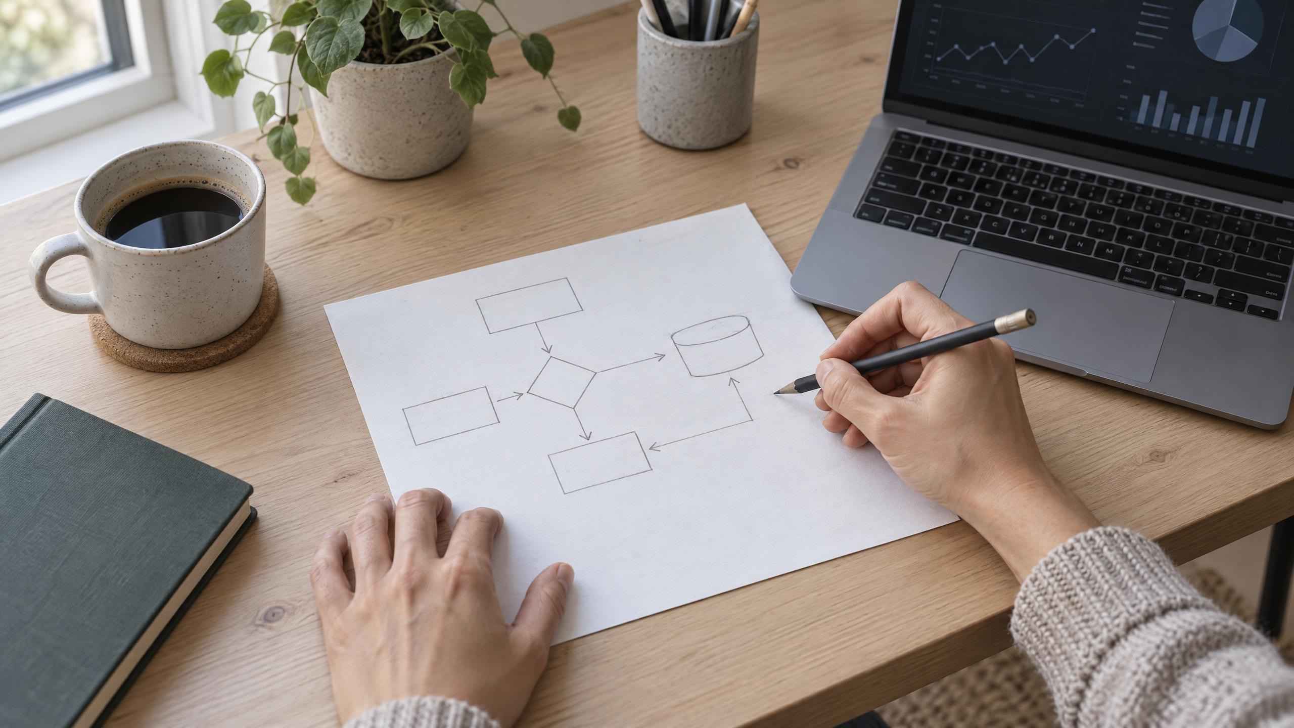 Hands sketching a data flow diagram on paper next to a laptop and a cup of coffee