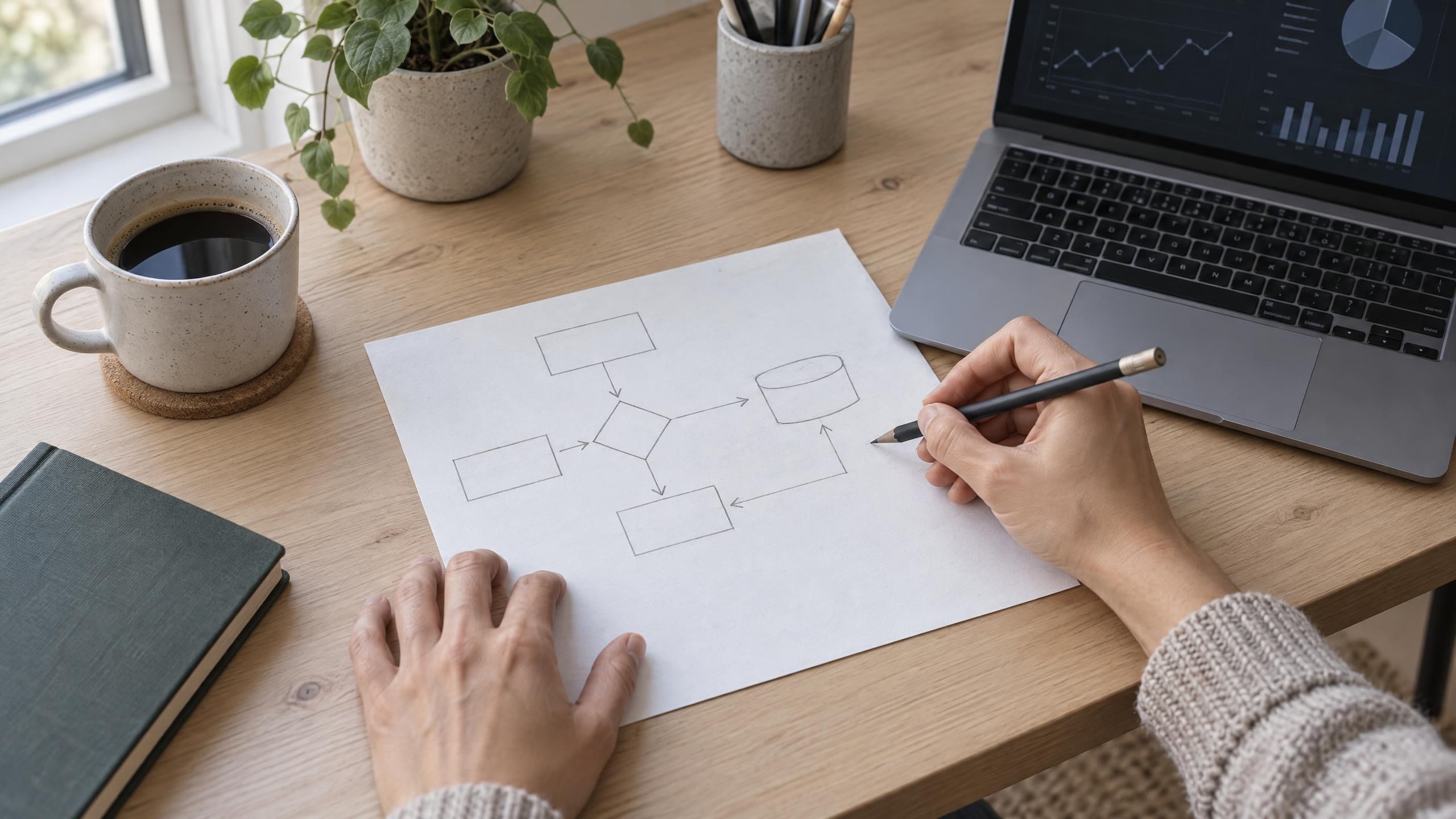 Hands sketching a data flow diagram on paper next to a laptop and a cup of coffee