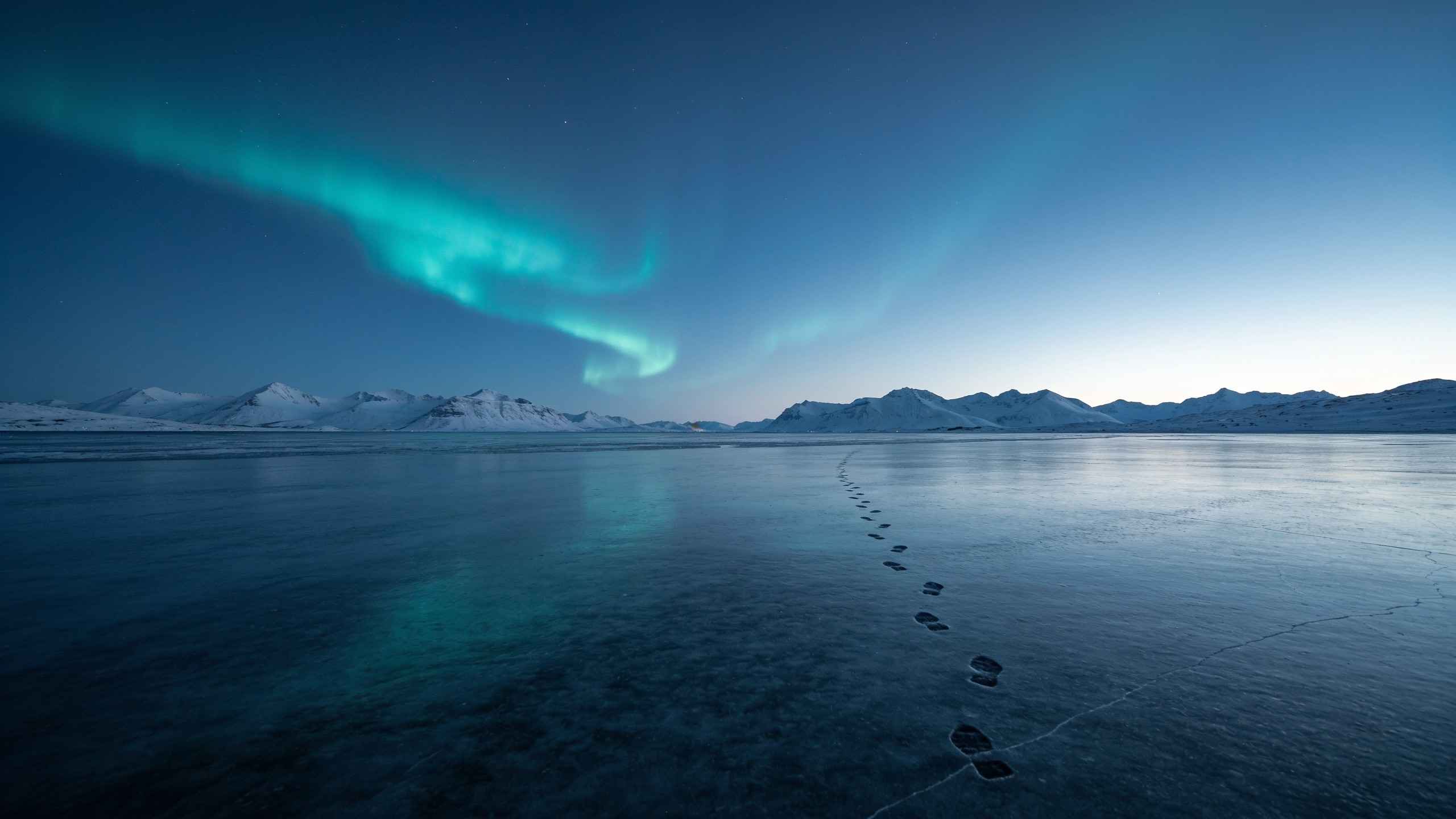 Footprints crossing a frozen lake under a faint teal aurora