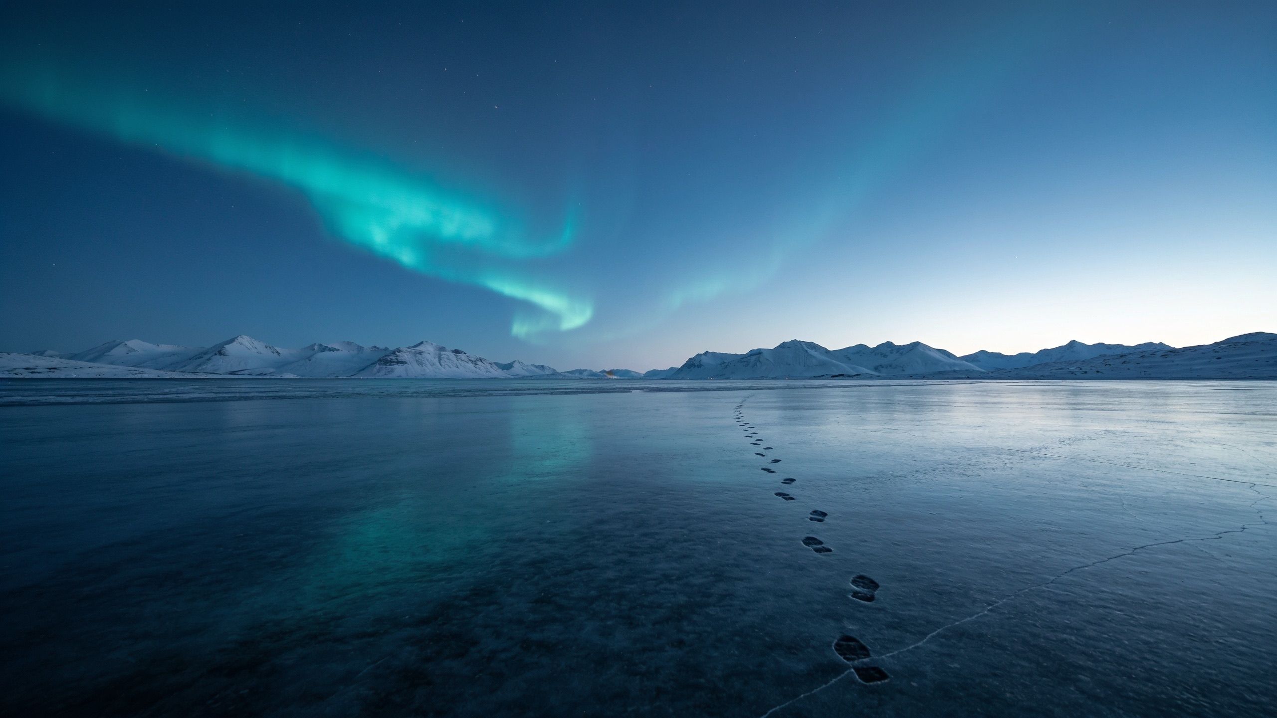 Footprints crossing a frozen lake under a faint teal aurora