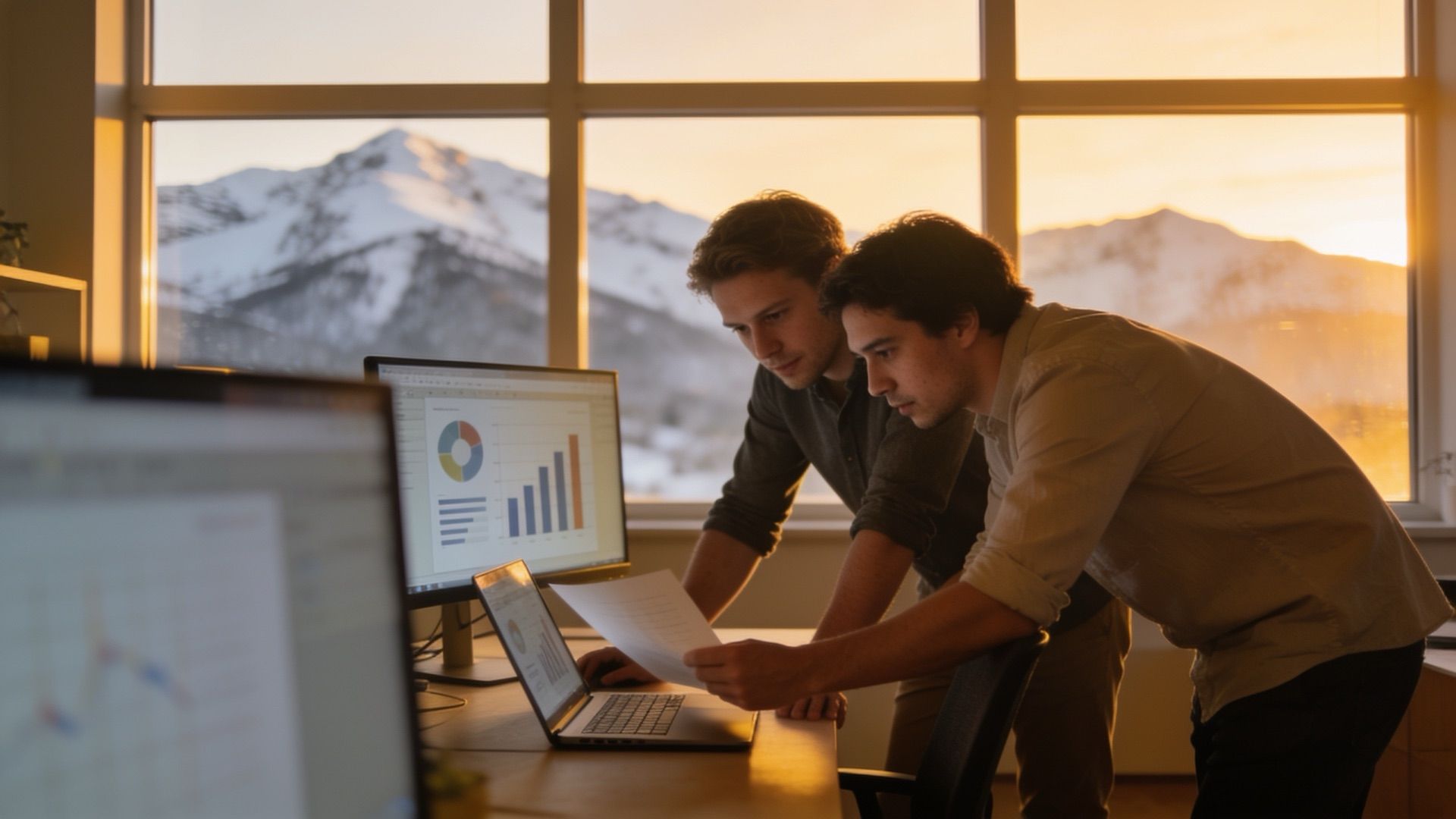 Two teammates reviewing charts by a window with snowy mountains at sunset