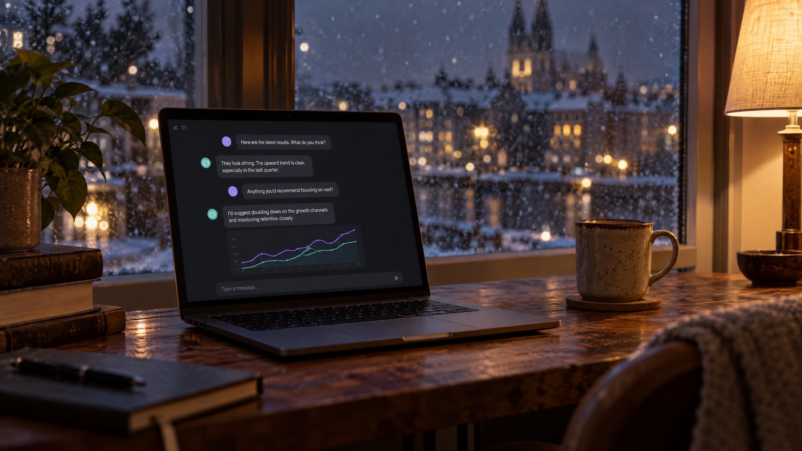 A laptop by a snowy window at night showing Northlight's chat with a small chart