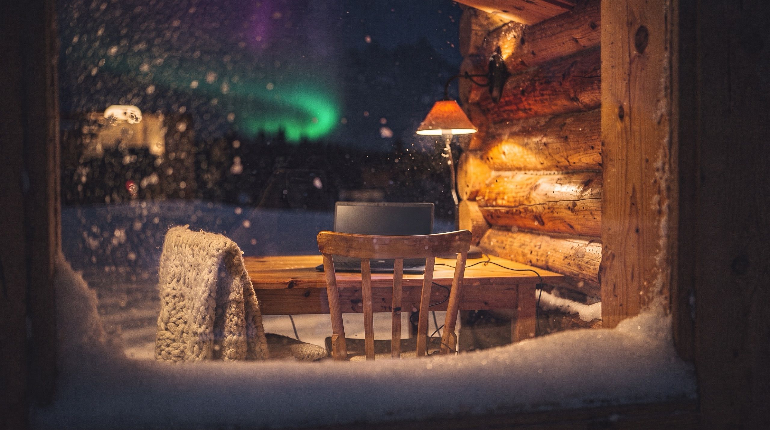 A warm cabin desk with a laptop seen through a snowy window, northern lights outside